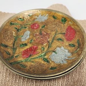4 VIntage Brass Hand painted Enamel Solid Brass Plates 6.75" Art Nouveau